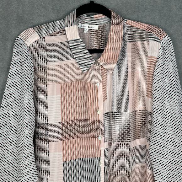 Rose And Olive Top Womens 2X Pink Geo Patchwork 3/4 Sleeve Button Front Career - Picture 2 of 11
